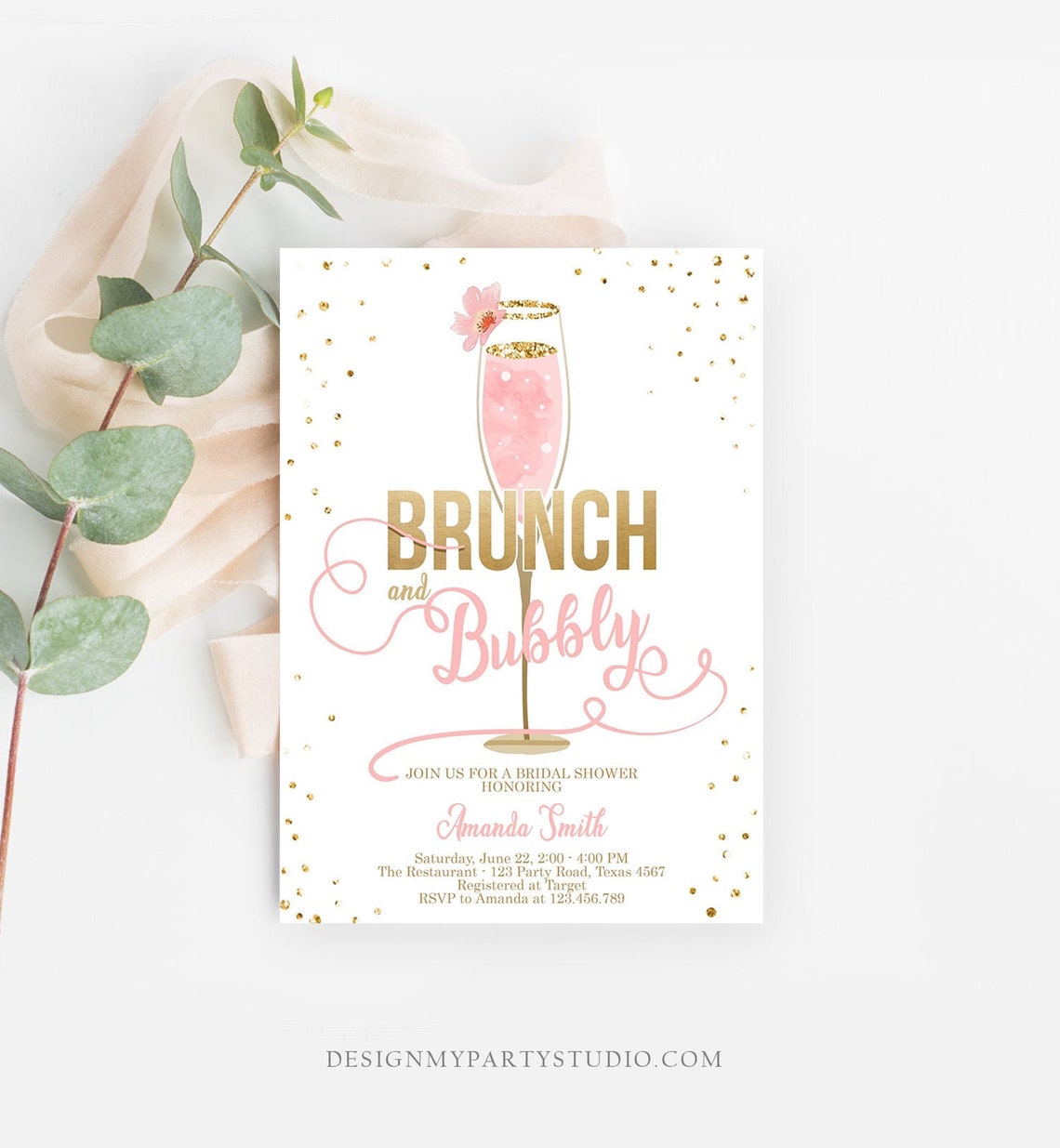 Editable Brunch and Bubbly Bridal Shower Invitation Floral image 1