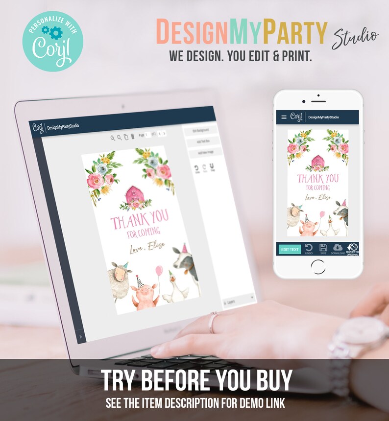 May include: A computer screen displaying a pink and white thank you card with a farm animal theme. The card says "Thank You for Coming" and "Love, Elise". The card is surrounded by flowers and farm animals. The screen is on a laptop computer. The text "TRY BEFORE YOU BUY" is displayed below the laptop.