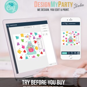 May include: A computer screen displaying a design template for a personalized art party invitation. The template features a colorful paint splattered background with a blue apron and the text "It's Party!" and "Jesyca is turning 6".