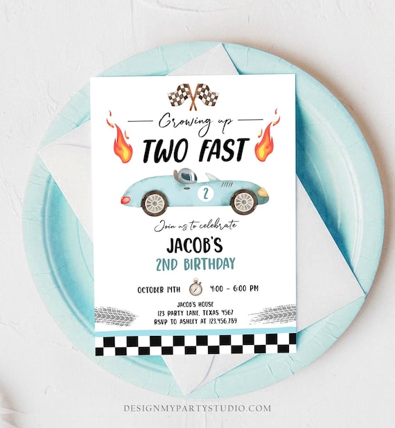 Editable Racing Car Birthday Invitation Growing Up Two Fast Invite Second Birthday 2nd Boy Digital Download Evite Template Printable 0424