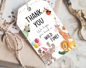 Editable Party Animals Favor Tags Wild One Animals Thank You Tags Safari Zoo Animals Birthday Wild Time Gift Tag Digital Corjl Template 0482