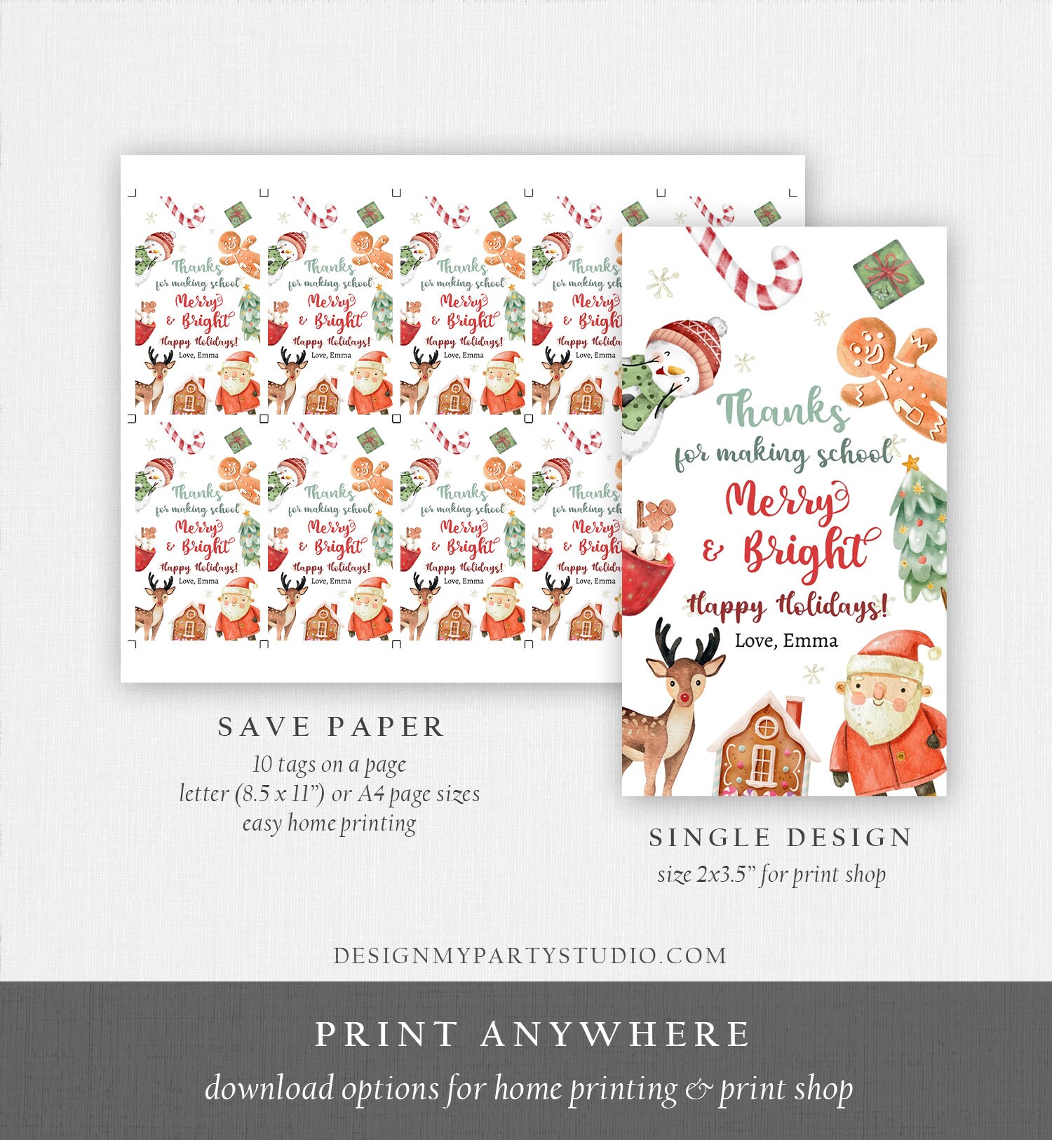 Editable School Merry and Bright Tag Christmas Gift Tag Holiday Tag ...