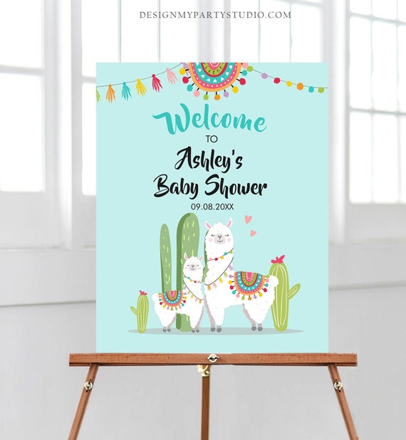 Editable Llama Sign Llama Baby Shower Baby Boy Blue