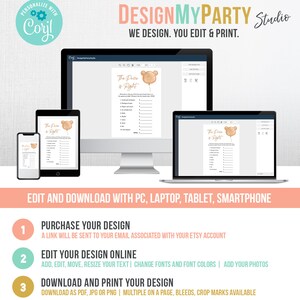 May include: A digital design template displayed on a smartphone, tablet, laptop, and desktop computer. The template features a "The Price is Right" game with a bear balloon graphic. The image also includes instructions for editing and downloading.