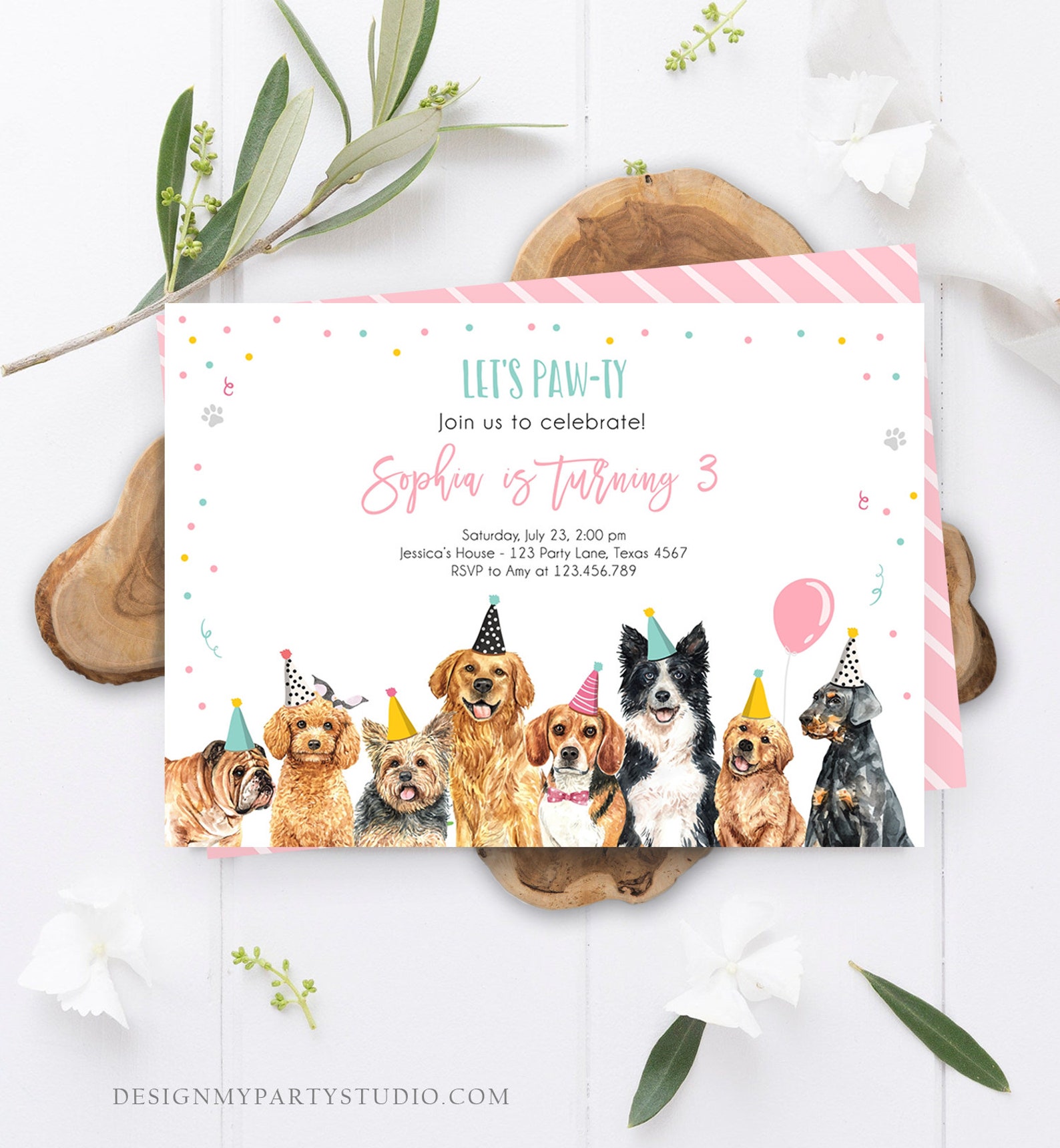 Editable Puppy Birthday Invitation Dogs Birthday Party Invite Pink Girl ...