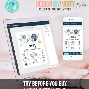 May include: A printable digital download for a first birthday party. The design features a blue and gold space theme with planets, stars, and rockets. The text reads "Jacob's first trip around the sun". The printable includes information about the child's age, weight, and height.