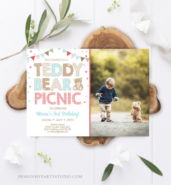 Editable Teddy Bear Picnic Birthday Invitation Boy Blue Brown Red Gingham Bear Picnic Outdoor First Birthday Digital Corjl Template 0100 Il_570xn