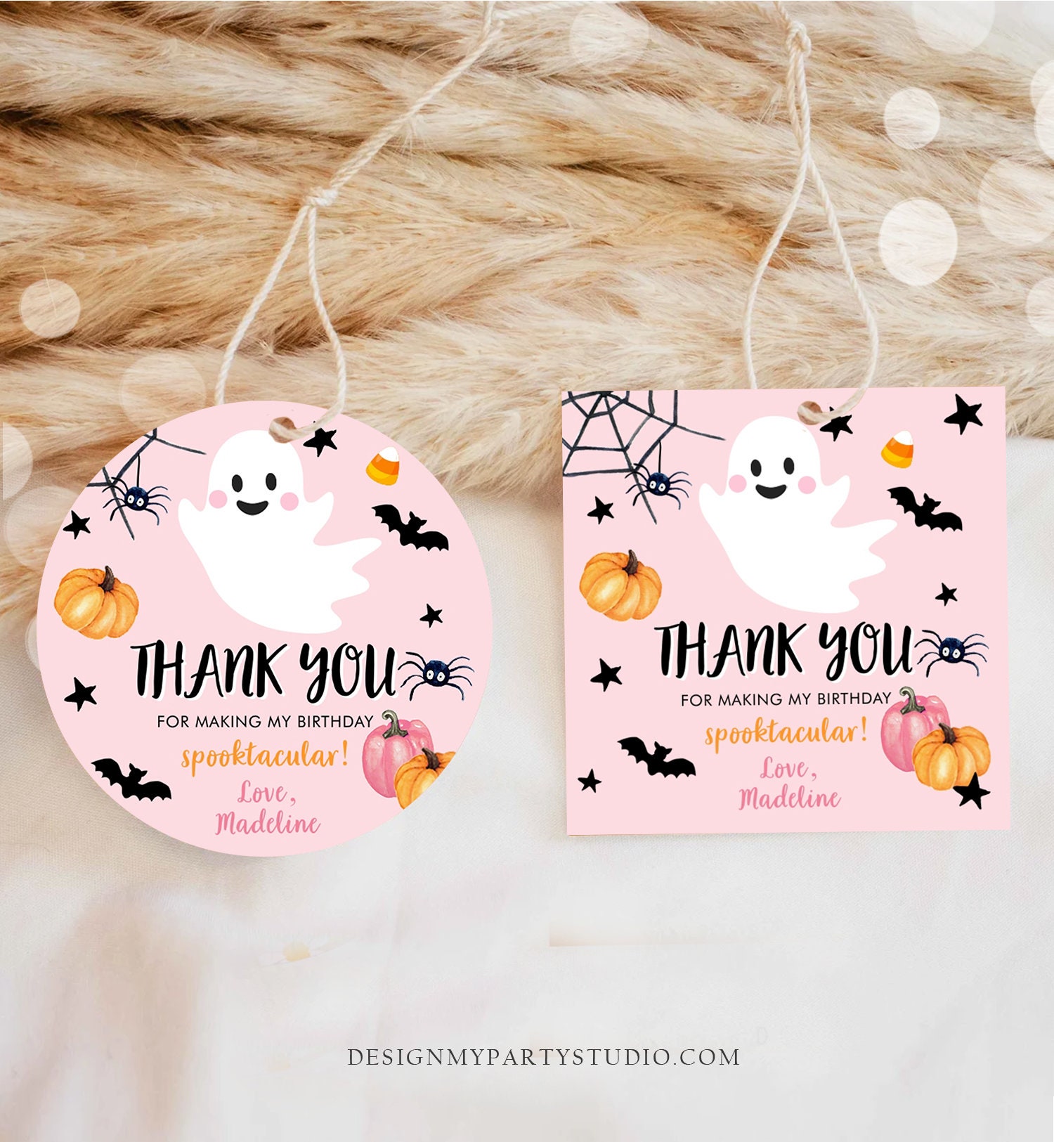 Editable Halloween Birthday Thank You Favor Tag Costume Party Girl Pink ...