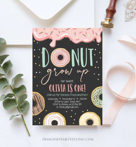 Editable Donut Grow Up Birthday Invitation First Birthday Party Pink Girl Doughnut Chalk Digital Download Printable Template Corjl 0320 Il_570xn