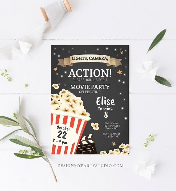Editable Movie Night Birthday Invitation Boy Girl Movie Invite Cinema Party Backyard Movie Popcorn Download Printable Template Corjl 0182 Il_570xn