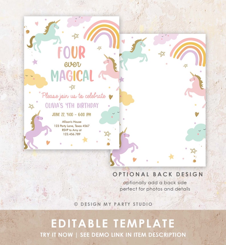 Editable Unicorn 4th Birthday Invitation Four Ever Magical Party Invite ...