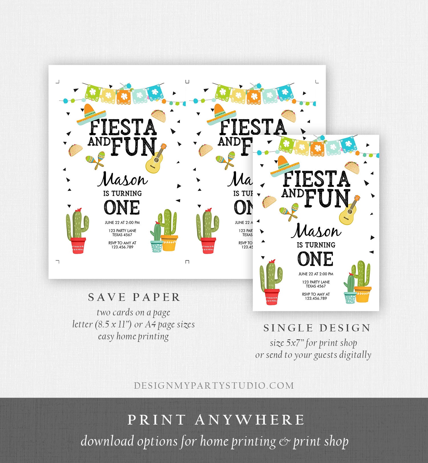 Editable Fiesta and Fun Birthday Invitation Boy First Fiesta Cactus ...