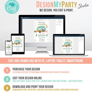 May include: A digital mockup of a computer screen, tablet, and smartphone displaying a printable invitation for a camping-themed birthday party. The invitation features a cartoon camper van with the text "Calling all Happy Campers!" and "Jacksons 7th Birthday".