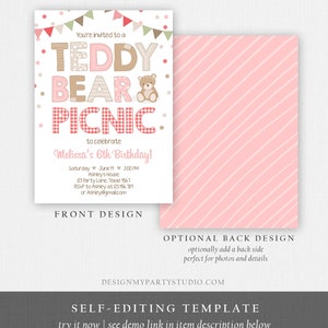 May include: A pink and brown invitation for a Teddy Bear Picnic to celebrate Melissa's 6th birthday. The invitation features a teddy bear and a red and white gingham pattern. The text on the invitation reads "You're invited to a Teddy Bear Picnic to celebrate Melissa's 6th Birthday!" and includes the date, time, location, and RSVP information.