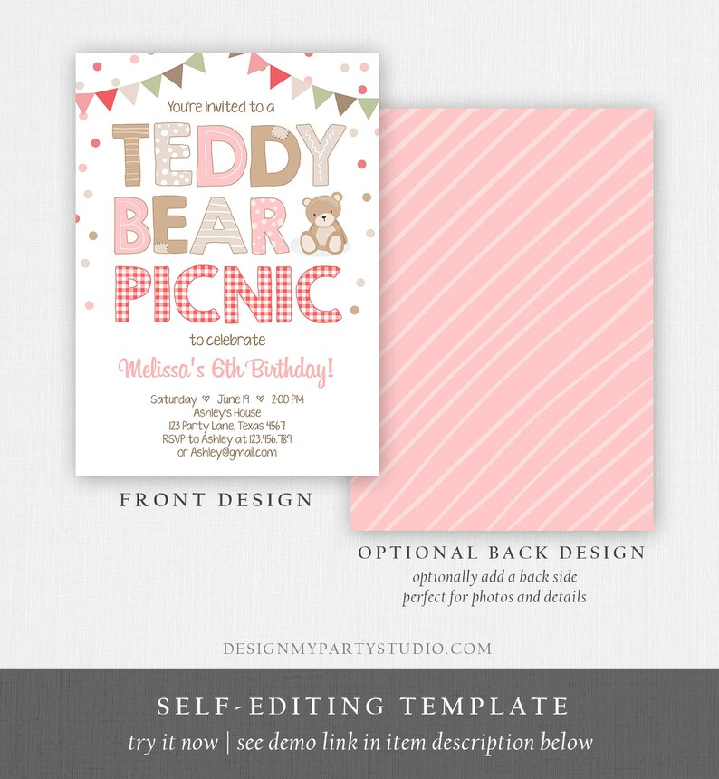 May include: A pink and brown invitation for a Teddy Bear Picnic to celebrate Melissa's 6th birthday. The invitation features a teddy bear and a red and white gingham pattern. The text on the invitation reads "You're invited to a Teddy Bear Picnic to celebrate Melissa's 6th Birthday!" and includes the date, time, location, and RSVP information.