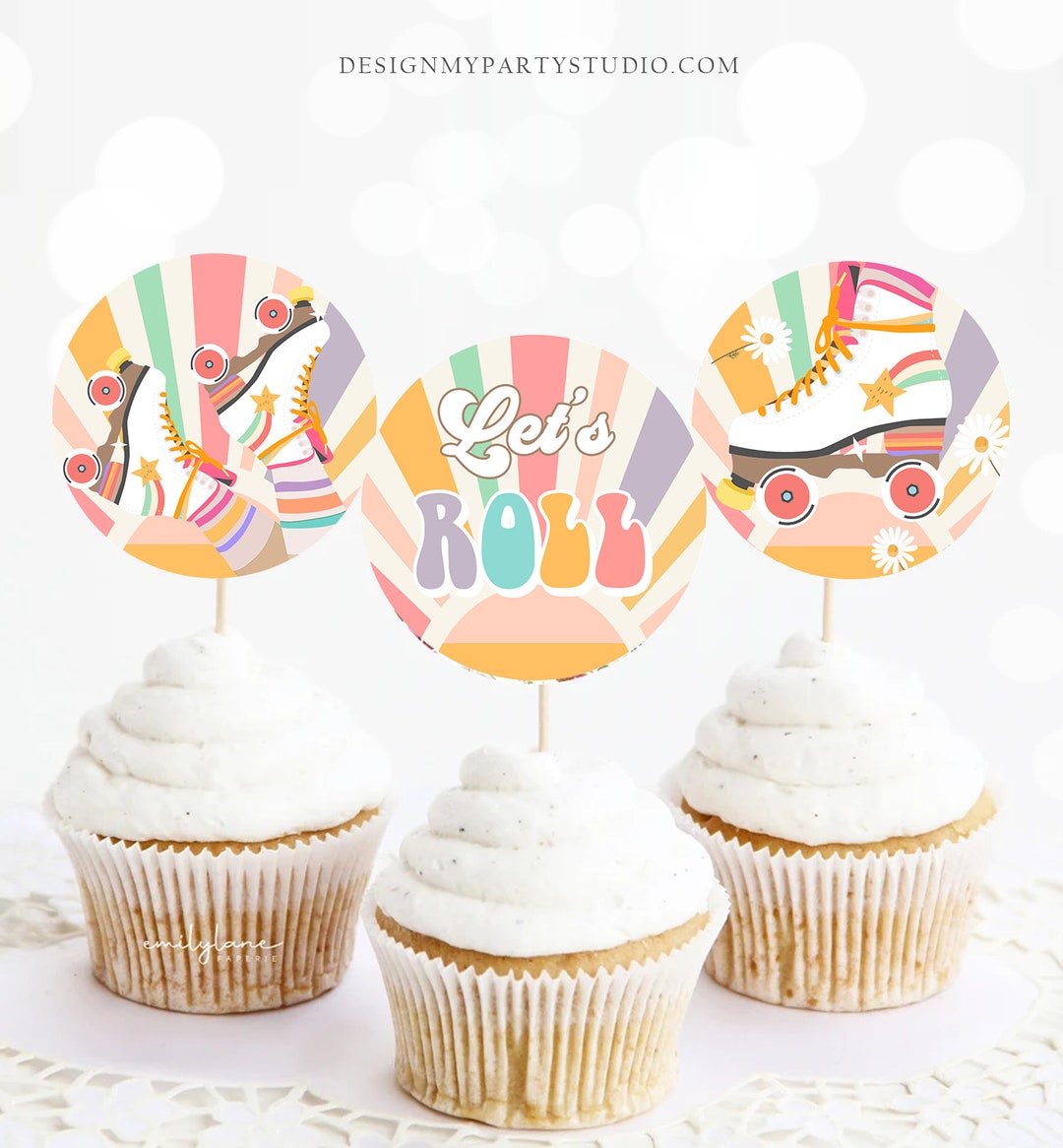 Roller Skate Cupcake Toppers Skate Birthday Favor Tags Retro Daisy ...