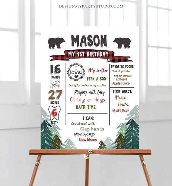 Editable Lumberjack Birthday Milestones Sign Pine Tree Stat Poster Infographic Woodland 1st Birthday Bear Template Printable Corjl 0377 Il_570xn