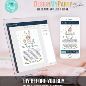 May include: Editable Easter bunny letter template featuring a watercolour illustration of a bunny wearing glasses and holding a carrot. The text reads "From the desk of the Easter Bunny" and "Dear Olivia".