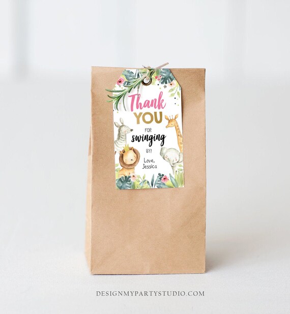 Editable Safari Favor tags Wild One Animals Thank you tags Swinging By Label tags Jungle Girl Gold Pink Gift tags Zoo Template Templett 0163 Il_570xn