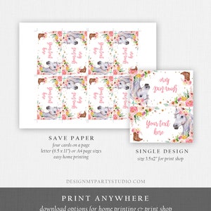 May include: Printable save the date cards featuring a white horse with a floral crown and pink cowboy boots. The text "Your text here" is repeated on each card. The cards are designed for easy home printing and are also available in a single design for print shops.