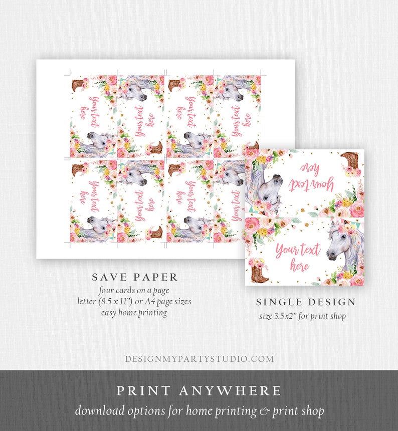 May include: Printable save the date cards featuring a white horse with a floral crown and pink cowboy boots. The text "Your text here" is repeated on each card. The cards are designed for easy home printing and are also available in a single design for print shops.