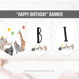 May include: A white banner with the words "Happy Birthday" in black text. The banner is decorated with colorful confetti and a row of animals wearing party hats, including a giraffe, zebra, elephant, and gorilla. The banner is divided into three sections, each with a large black letter: "B", "I", and "R".