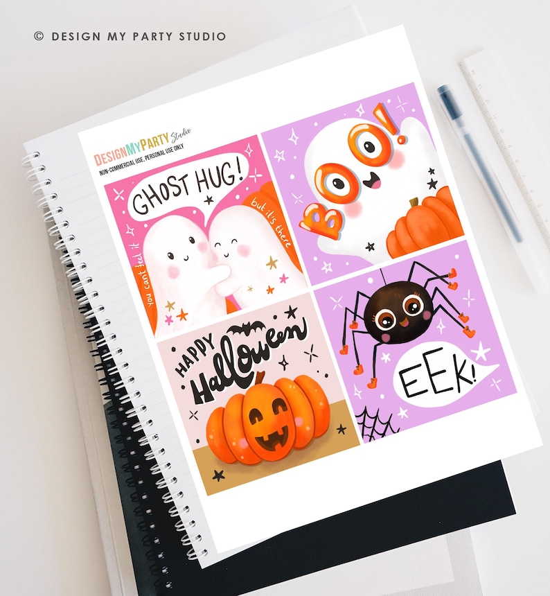 May include: A colorful Halloween-themed print featuring four panels with illustrations. The panels include a ghost hug, a friendly ghost with a pumpkin, a jack-o'-lantern, and a spider with the text "EEK!". The print is on a white background.