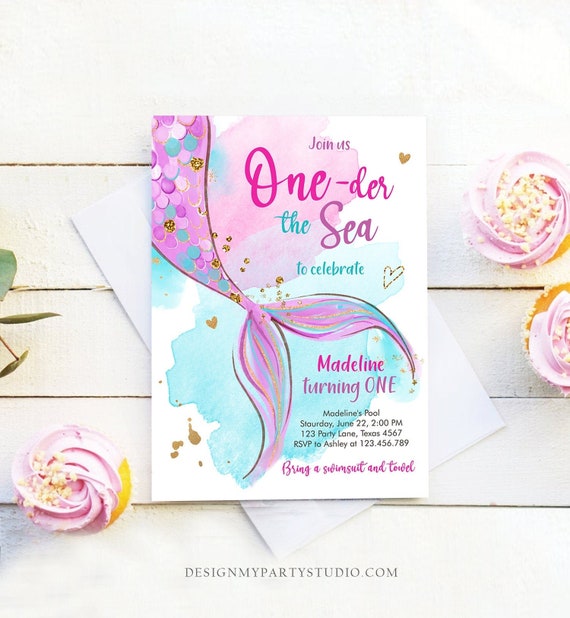 Editable Oneder the Sea Birthday Party Invitation Mermaid First Birthday  Girl 1st Birthday Pink Gold Download Printable Template Corjl 0403 