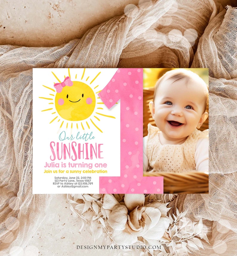 Editable Our Little Sunshine Birthday Invitation Sunshine Party Pink Girl Summer First Birthday Download Printable Corjl Template 0141 image 2