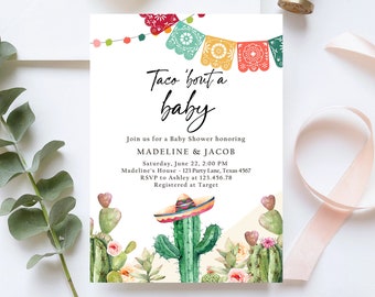 Taco Bout modifiable Invitation Baby Shower Cactus Fiesta mexicaine Baby Shower Desert Floral Télécharger modèle d'invitation imprimable Corjl 0404