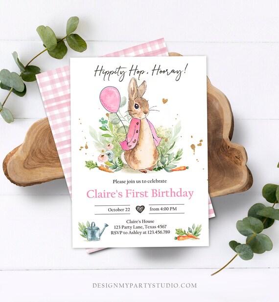 Editable Flopsy Bunny Birthday Invitation Gril Pink Rustic Peter Rabbit 1st Birthday Invite Watercolor Digital Corjl Template Printable 0351 Il_570xn