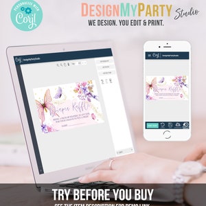 Op de afbeelding: Een digitaal ontwerptemplate voor een luier-tombola-ticket. Het ticket heeft een roze en paarse vlinder met gouden glitteraccenten en een bloemenontwerp. De tekst op het ticket luidt "Luier-tombola" en "Breng een pak luiers in elke maat mee voor uw kans om een prijs te winnen".