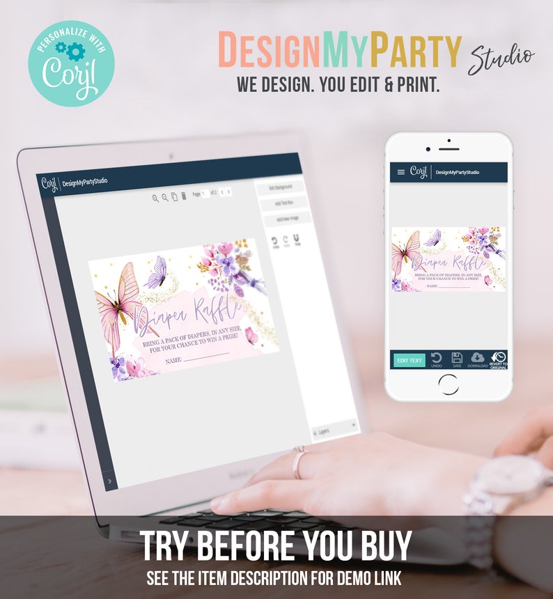 Op de afbeelding: Een digitaal ontwerptemplate voor een luier-tombola-ticket. Het ticket heeft een roze en paarse vlinder met gouden glitteraccenten en een bloemenontwerp. De tekst op het ticket luidt "Luier-tombola" en "Breng een pak luiers in elke maat mee voor uw kans om een prijs te winnen".