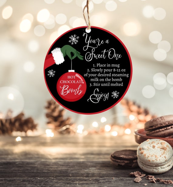 Editable Hot Chocolate Bomb Tags Bomb Instructions Green Red Holiday Favor Tags Winter Christmas You're a Sweet One Digital PRINTABLE 0353 Il_570xn
