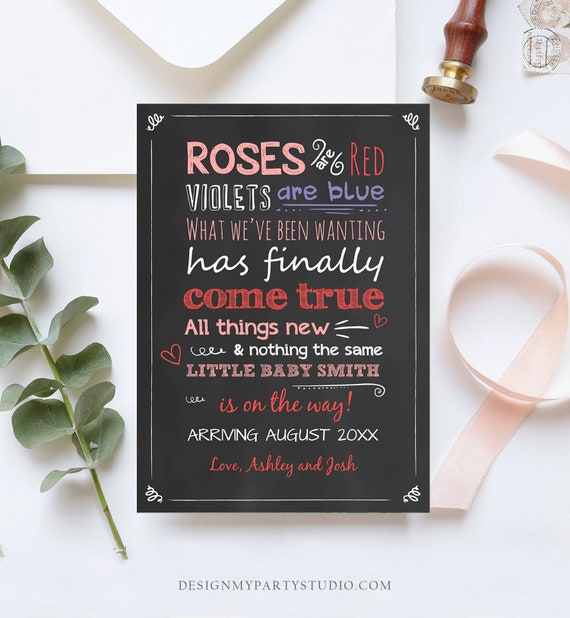 Editable Valentine Pregnancy Announcement Grandparents Pregnancy Reveal Card Roses Are Red