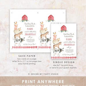 May include: A birthday invitation card featuring a watercolor illustration of a red barn and a stack of farm animals including a chicken, pig, sheep, donkey, and cow. The text reads Oink Oink, Moo & Cockadoodle Doo, MASON, 2ND BIRTHDAY.