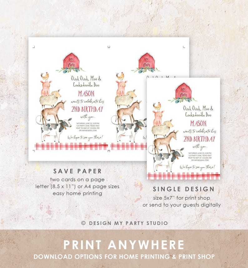 May include: A birthday invitation card featuring a watercolor illustration of a red barn and a stack of farm animals including a chicken, pig, sheep, donkey, and cow. The text reads Oink Oink, Moo & Cockadoodle Doo, MASON, 2ND BIRTHDAY.