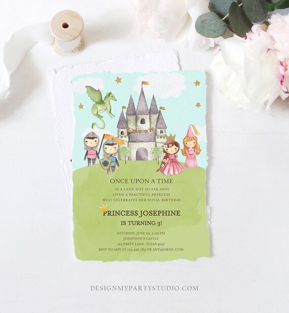 Editable Princess and Knight Birthday Invitation Once Upon a Time Princess Royal Birthday Girl Pink Castle Template Corjl Printable 0171 Il_570xn