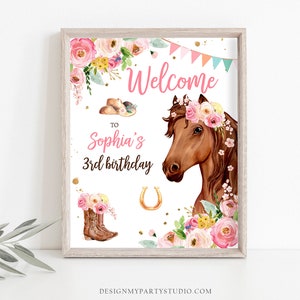 Redigerbar välkomstskylt för hästfödelsedag, välkomstskylt för ponnyfödelsedag, cowgirlfest, blommig flicka, hästfest, nedladdningsmall Corjl UTSKRIVBAR 0408 bild 3