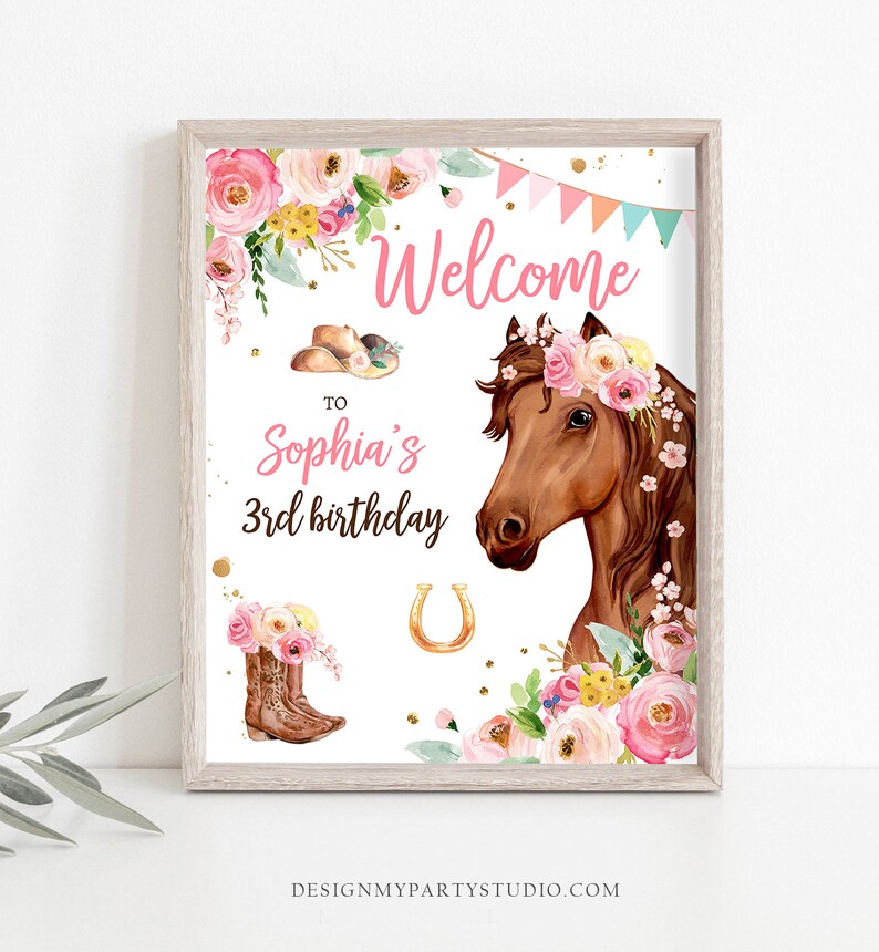 Redigerbar välkomstskylt för hästfödelsedag, välkomstskylt för ponnyfödelsedag, cowgirlfest, blommig flicka, hästfest, nedladdningsmall Corjl UTSKRIVBAR 0408 bild 3