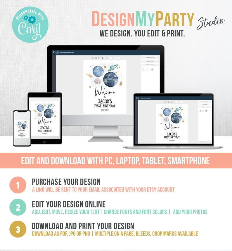 May include: A digital design template for a welcome sign with a blue, white, and gold watercolor galaxy theme. The text on the sign reads "Welcome to Jacob's First Birthday".