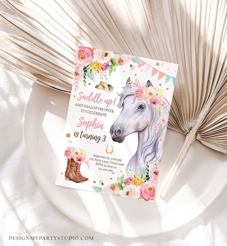 May include: A pink and white invitation with a watercolor illustration of a horse's head with a floral crown. The text reads "Saddle up! And gallop on over to celebrate Sophia is turning 3".