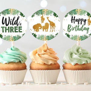 Wild & Three Cupcake Toppers Favor Tags Birthday Party Decoration Boy Stickers Safari Animals Black and Gold download Digital PRINTABLE 0016