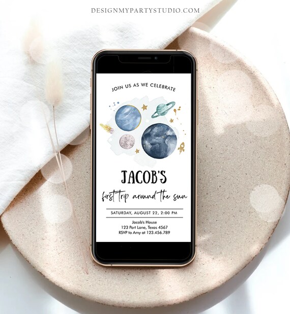 Editable Outer Space First Birthday Evite Galaxy Blast Off First Trip Around the Sun Download Invitation Phone Template Digital Corjl 0357 Il_570xn