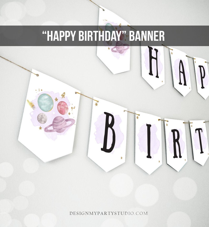 Happy Birthday Banner Outer Space Planets Banner Girl Galaxy First Birthday Decorations Rocket Instant download PRINTABLE DIGITAL DIY 0357