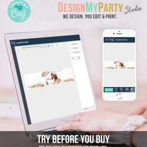 May include: A computer screen displaying a website with a banner design featuring a horse and floral elements. The website is called "DesignMyParty Studio" and the text "WE DESIGN. YOU EDIT & PRINT." is displayed below the logo. The screen is on a desk with a hand typing on the keyboard. A mobile phone is also visible in the image, displaying the same website on a smaller screen.