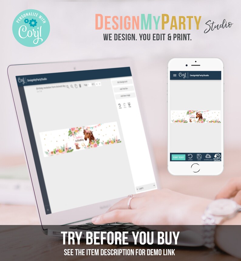 May include: A computer screen displaying a website with a banner design featuring a horse and floral elements. The website is called "DesignMyParty Studio" and the text "WE DESIGN. YOU EDIT & PRINT." is displayed below the logo. The screen is on a desk with a hand typing on the keyboard. A mobile phone is also visible in the image, displaying the same website on a smaller screen.