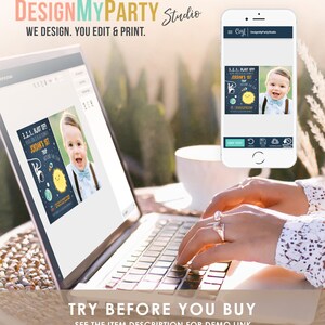 May include: A laptop screen shows a preview of a printable invitation for a child's first birthday party. The invitation features a cartoon astronaut and the text "3.2.1. Blast Off! Jordan's 1st Trip Around The Sun".