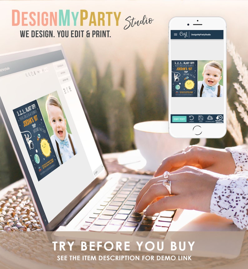 May include: A laptop screen shows a preview of a printable invitation for a child's first birthday party. The invitation features a cartoon astronaut and the text "3.2.1. Blast Off! Jordan's 1st Trip Around The Sun".