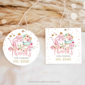 Etichetta adesiva modificabile per bomboniere per il Tea Party Baby Shower Baby is Brewing Floral Pink Gold Tea for Two Partea Par-tea Template Corjl Printable 0349